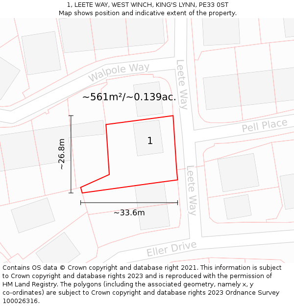 1, LEETE WAY, WEST WINCH, KING'S LYNN, PE33 0ST: Plot and title map