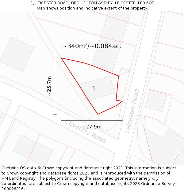 1, LEICESTER ROAD, BROUGHTON ASTLEY, LEICESTER, LE9 6QE: Plot and title map