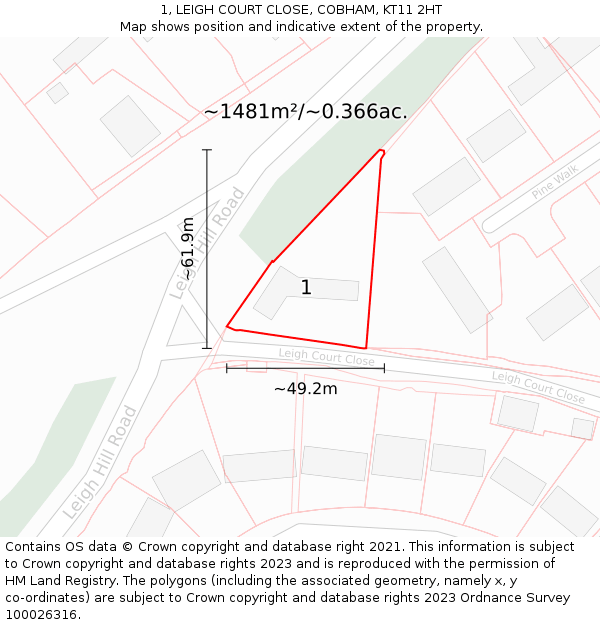 1, LEIGH COURT CLOSE, COBHAM, KT11 2HT: Plot and title map