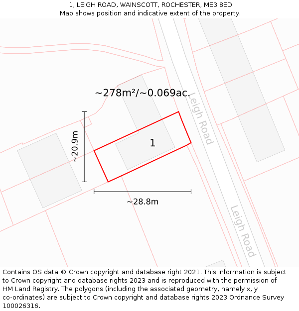 1, LEIGH ROAD, WAINSCOTT, ROCHESTER, ME3 8ED: Plot and title map