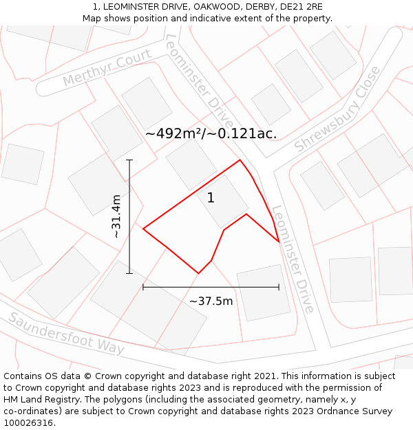 1, LEOMINSTER DRIVE, OAKWOOD, DERBY, DE21 2RE: Plot and title map