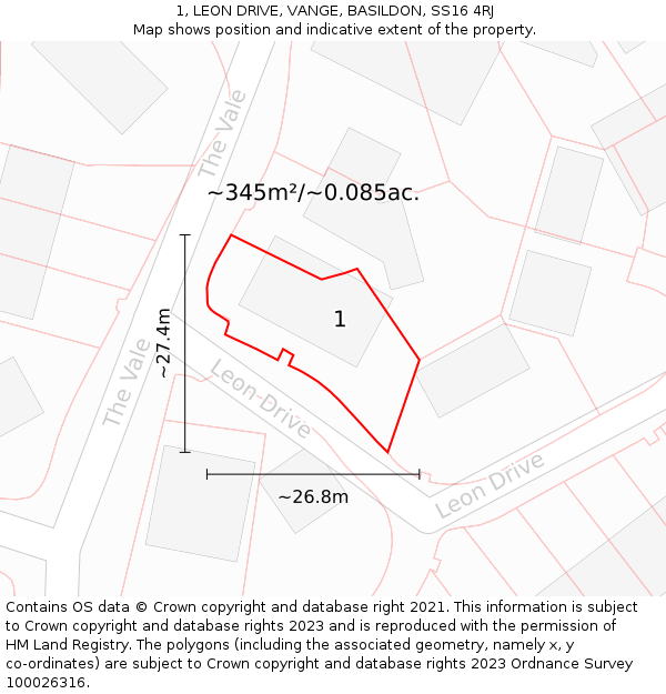 1, LEON DRIVE, VANGE, BASILDON, SS16 4RJ: Plot and title map