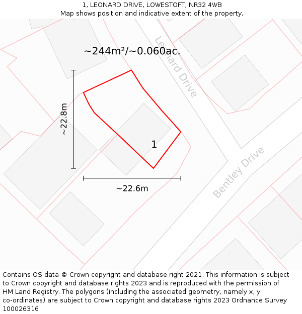 1, LEONARD DRIVE, LOWESTOFT, NR32 4WB: Plot and title map