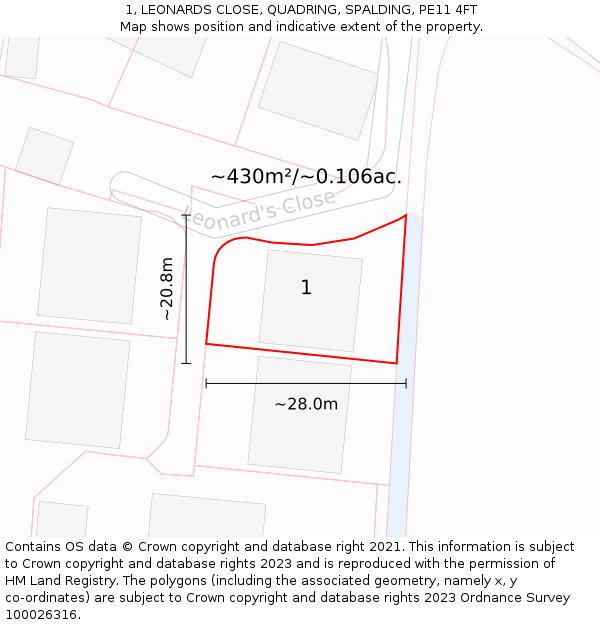 1, LEONARDS CLOSE, QUADRING, SPALDING, PE11 4FT: Plot and title map