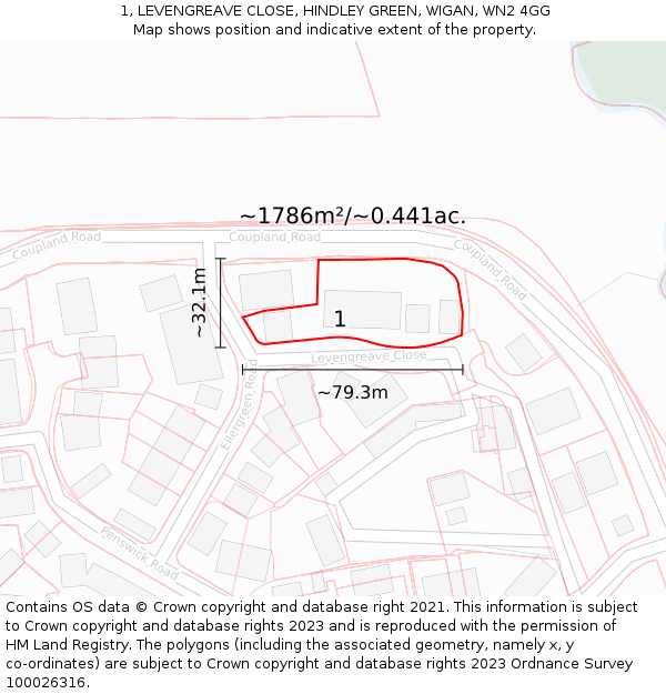1, LEVENGREAVE CLOSE, HINDLEY GREEN, WIGAN, WN2 4GG: Plot and title map
