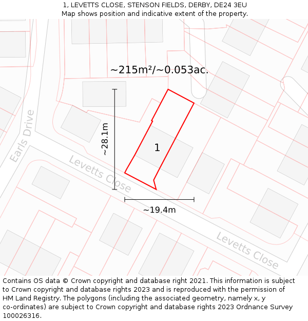 1, LEVETTS CLOSE, STENSON FIELDS, DERBY, DE24 3EU: Plot and title map
