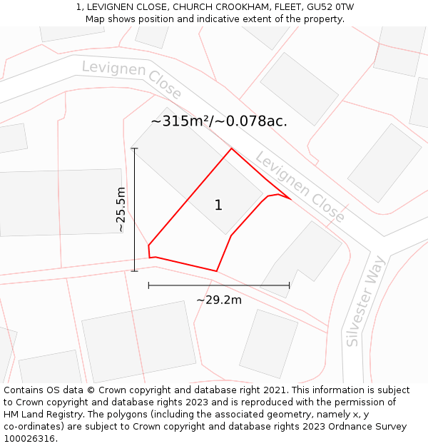 1, LEVIGNEN CLOSE, CHURCH CROOKHAM, FLEET, GU52 0TW: Plot and title map