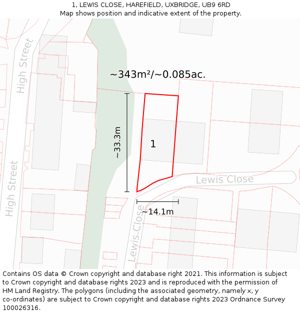 1, LEWIS CLOSE, HAREFIELD, UXBRIDGE, UB9 6RD: Plot and title map