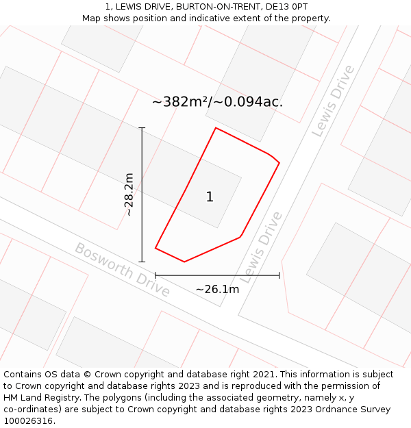 1, LEWIS DRIVE, BURTON-ON-TRENT, DE13 0PT: Plot and title map