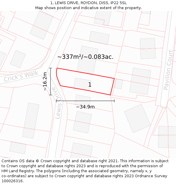 1, LEWIS DRIVE, ROYDON, DISS, IP22 5SL: Plot and title map