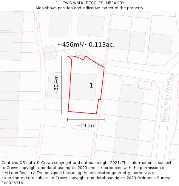 1, LEWIS WALK, BECCLES, NR34 9RY: Plot and title map