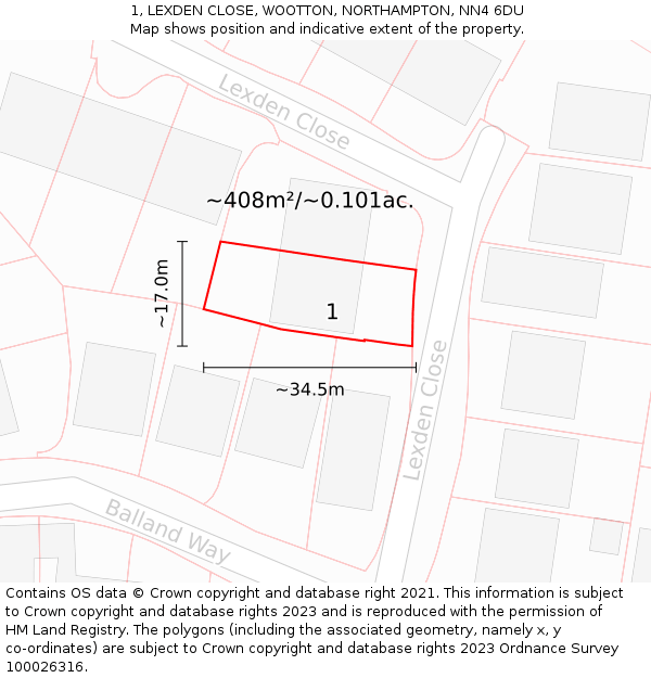 1, LEXDEN CLOSE, WOOTTON, NORTHAMPTON, NN4 6DU: Plot and title map