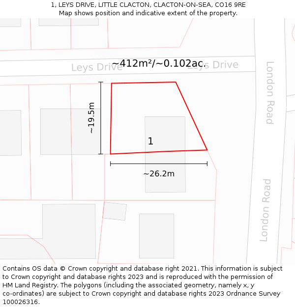 1, LEYS DRIVE, LITTLE CLACTON, CLACTON-ON-SEA, CO16 9RE: Plot and title map