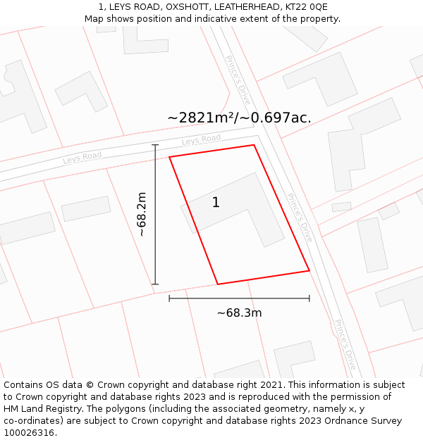 1, LEYS ROAD, OXSHOTT, LEATHERHEAD, KT22 0QE: Plot and title map