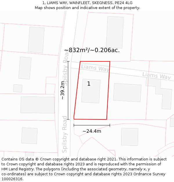 1, LIAMS WAY, WAINFLEET, SKEGNESS, PE24 4LG: Plot and title map