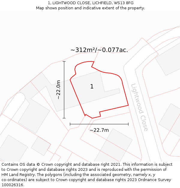 1, LIGHTWOOD CLOSE, LICHFIELD, WS13 8FG: Plot and title map