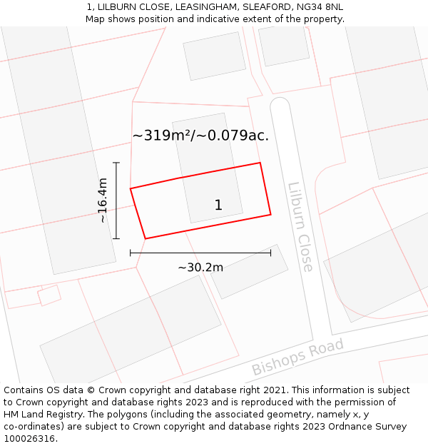 1, LILBURN CLOSE, LEASINGHAM, SLEAFORD, NG34 8NL: Plot and title map