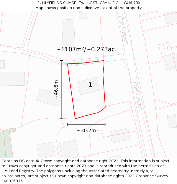 1, LILYFIELDS CHASE, EWHURST, CRANLEIGH, GU6 7RX: Plot and title map