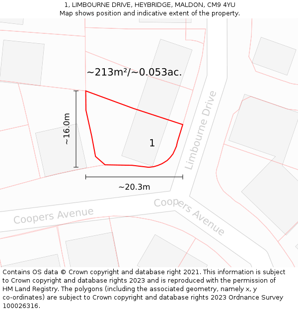 1, LIMBOURNE DRIVE, HEYBRIDGE, MALDON, CM9 4YU: Plot and title map