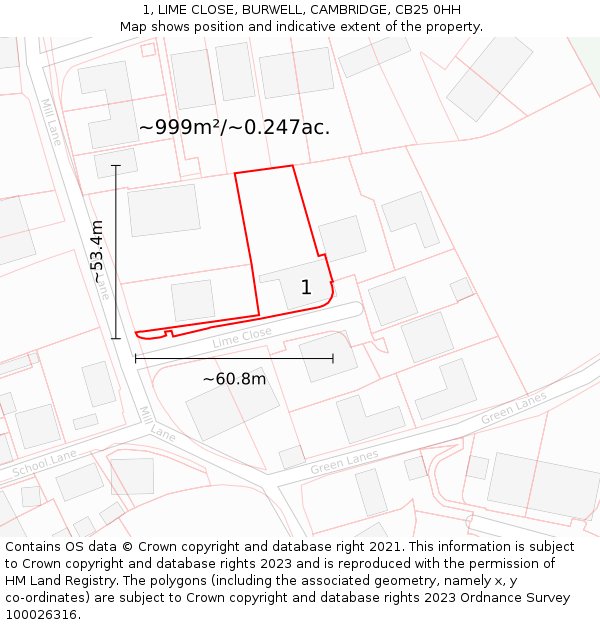 1, LIME CLOSE, BURWELL, CAMBRIDGE, CB25 0HH: Plot and title map