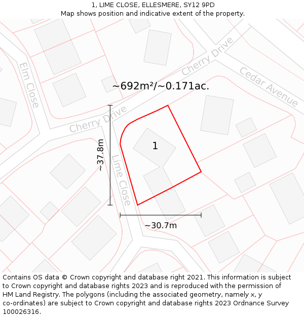 1, LIME CLOSE, ELLESMERE, SY12 9PD: Plot and title map