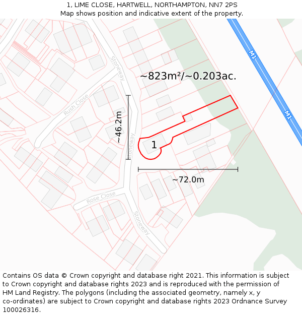 1, LIME CLOSE, HARTWELL, NORTHAMPTON, NN7 2PS: Plot and title map