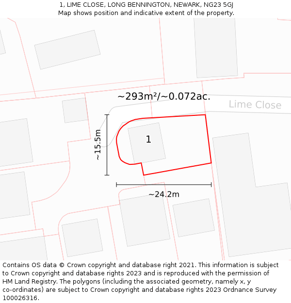 1, LIME CLOSE, LONG BENNINGTON, NEWARK, NG23 5GJ: Plot and title map