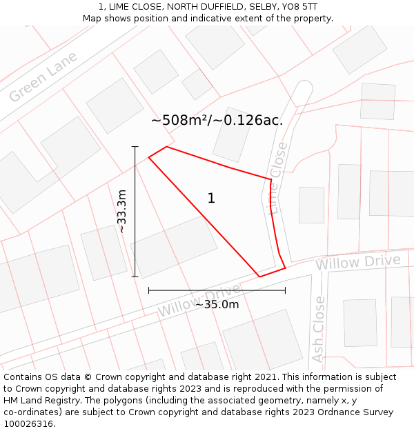 1, LIME CLOSE, NORTH DUFFIELD, SELBY, YO8 5TT: Plot and title map
