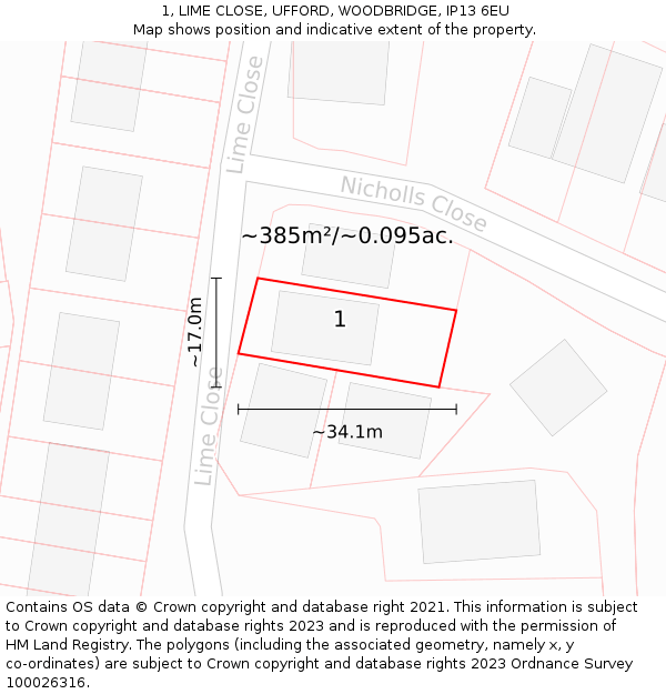 1, LIME CLOSE, UFFORD, WOODBRIDGE, IP13 6EU: Plot and title map