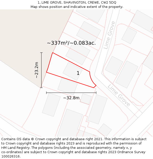 1, LIME GROVE, SHAVINGTON, CREWE, CW2 5DQ: Plot and title map