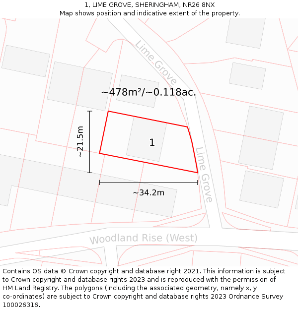 1, LIME GROVE, SHERINGHAM, NR26 8NX: Plot and title map