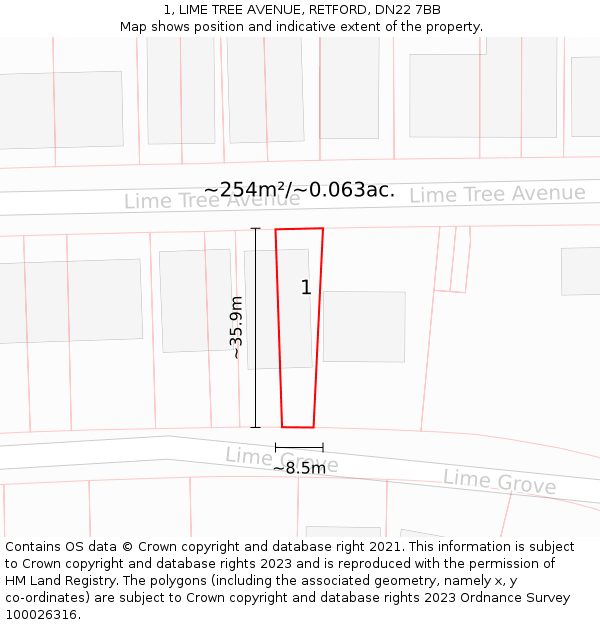 1, LIME TREE AVENUE, RETFORD, DN22 7BB: Plot and title map
