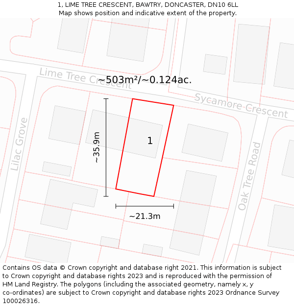 1, LIME TREE CRESCENT, BAWTRY, DONCASTER, DN10 6LL: Plot and title map