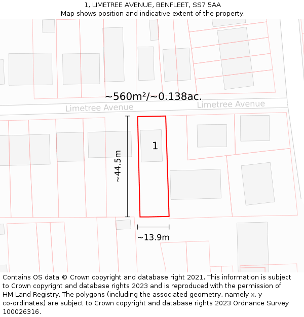1, LIMETREE AVENUE, BENFLEET, SS7 5AA: Plot and title map