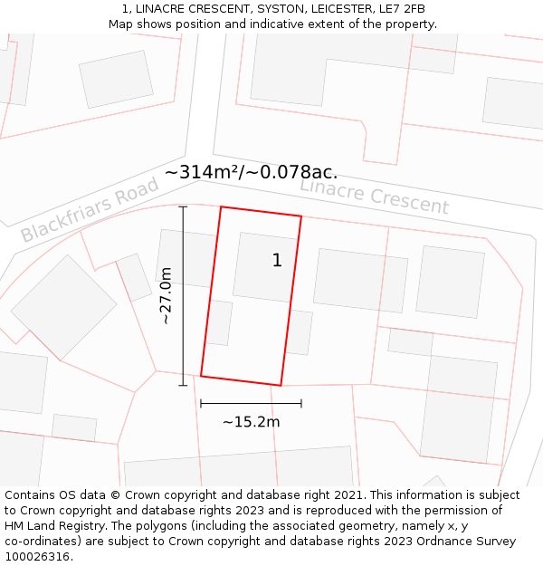 1, LINACRE CRESCENT, SYSTON, LEICESTER, LE7 2FB: Plot and title map