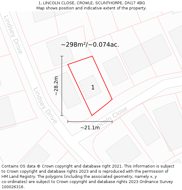 1, LINCOLN CLOSE, CROWLE, SCUNTHORPE, DN17 4BG: Plot and title map