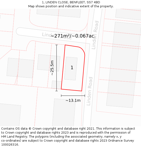1, LINDEN CLOSE, BENFLEET, SS7 4BD: Plot and title map