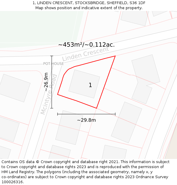1, LINDEN CRESCENT, STOCKSBRIDGE, SHEFFIELD, S36 1DF: Plot and title map