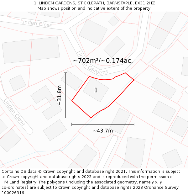 1, LINDEN GARDENS, STICKLEPATH, BARNSTAPLE, EX31 2HZ: Plot and title map