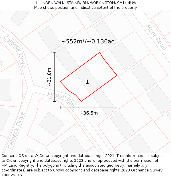 1, LINDEN WALK, STAINBURN, WORKINGTON, CA14 4UW: Plot and title map