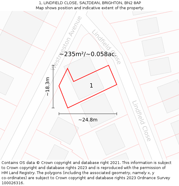 1, LINDFIELD CLOSE, SALTDEAN, BRIGHTON, BN2 8AP: Plot and title map