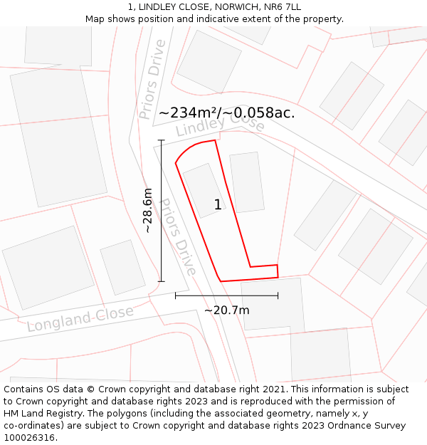 1, LINDLEY CLOSE, NORWICH, NR6 7LL: Plot and title map