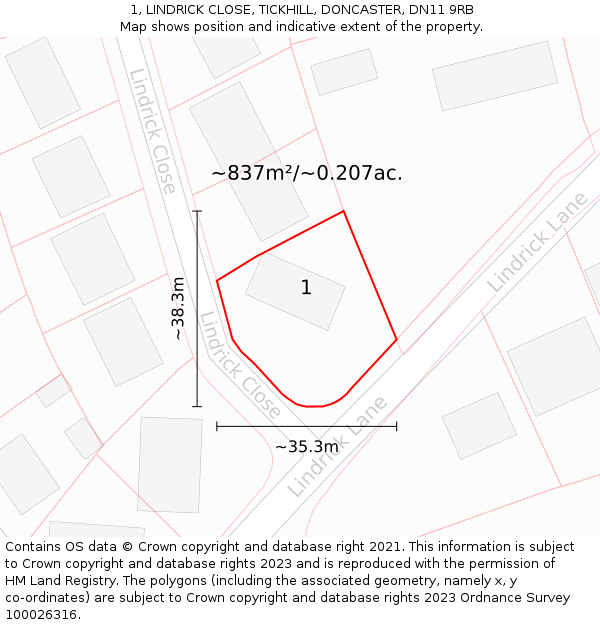 1, LINDRICK CLOSE, TICKHILL, DONCASTER, DN11 9RB: Plot and title map