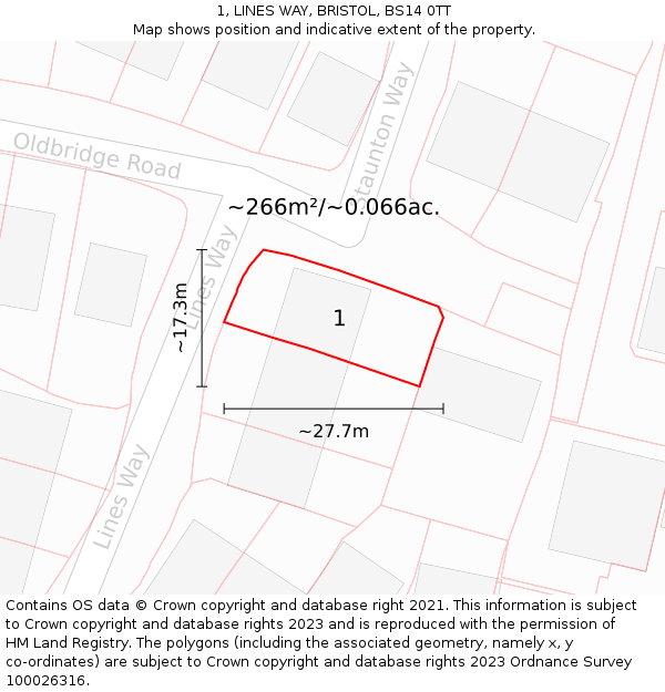 1, LINES WAY, BRISTOL, BS14 0TT: Plot and title map