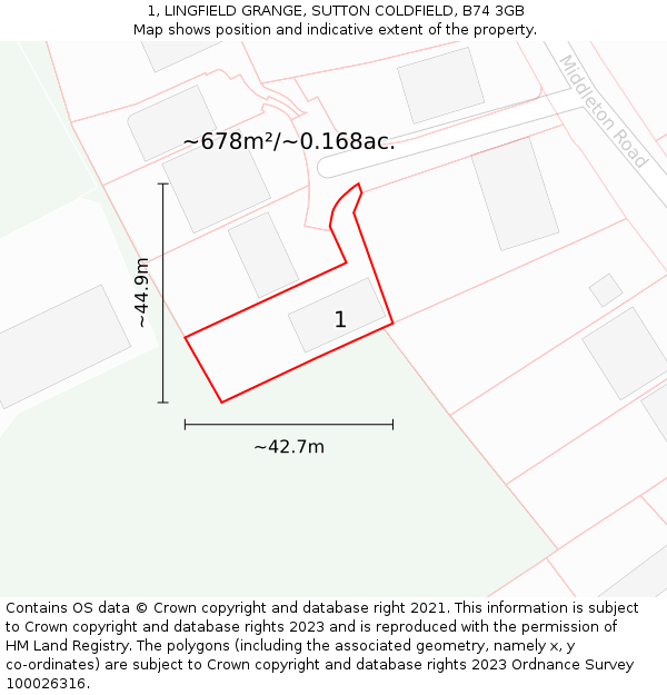 1, LINGFIELD GRANGE, SUTTON COLDFIELD, B74 3GB: Plot and title map