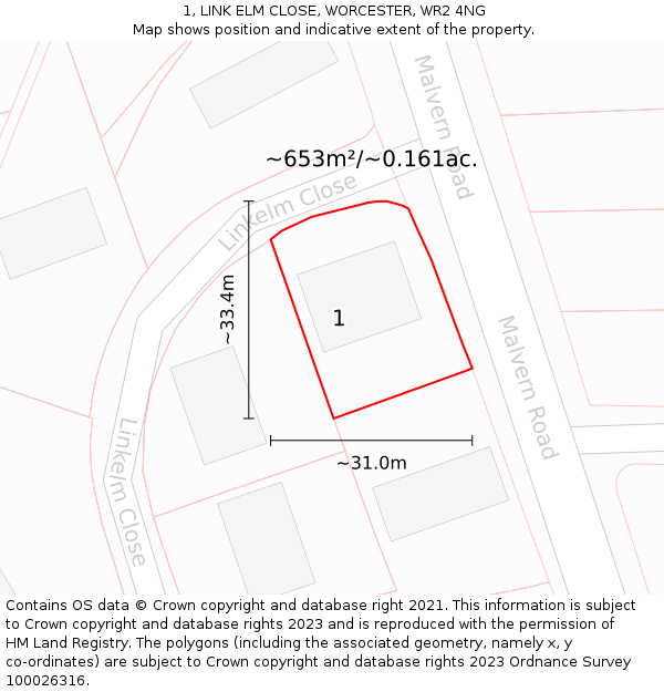 1, LINK ELM CLOSE, WORCESTER, WR2 4NG: Plot and title map