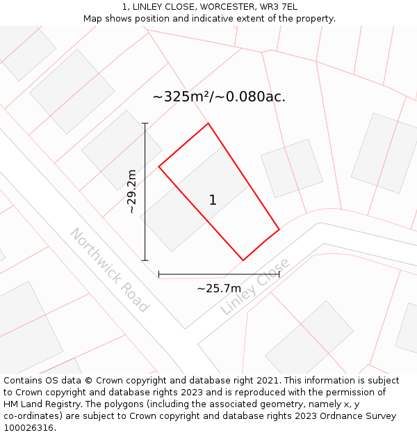 1, LINLEY CLOSE, WORCESTER, WR3 7EL: Plot and title map