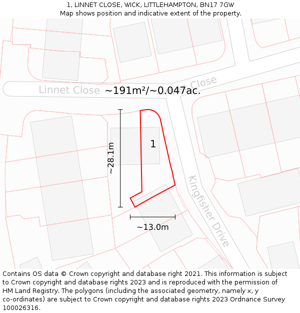 1, LINNET CLOSE, WICK, LITTLEHAMPTON, BN17 7GW: Plot and title map