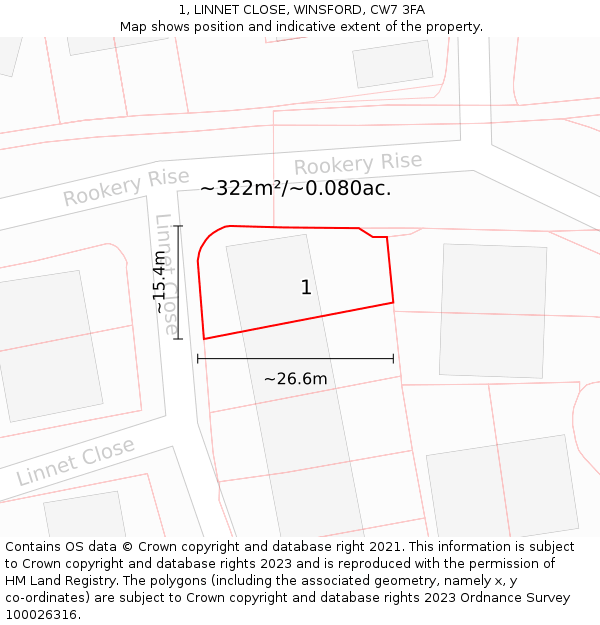 1, LINNET CLOSE, WINSFORD, CW7 3FA: Plot and title map