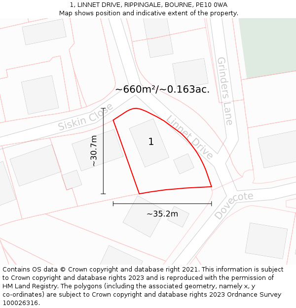1, LINNET DRIVE, RIPPINGALE, BOURNE, PE10 0WA: Plot and title map